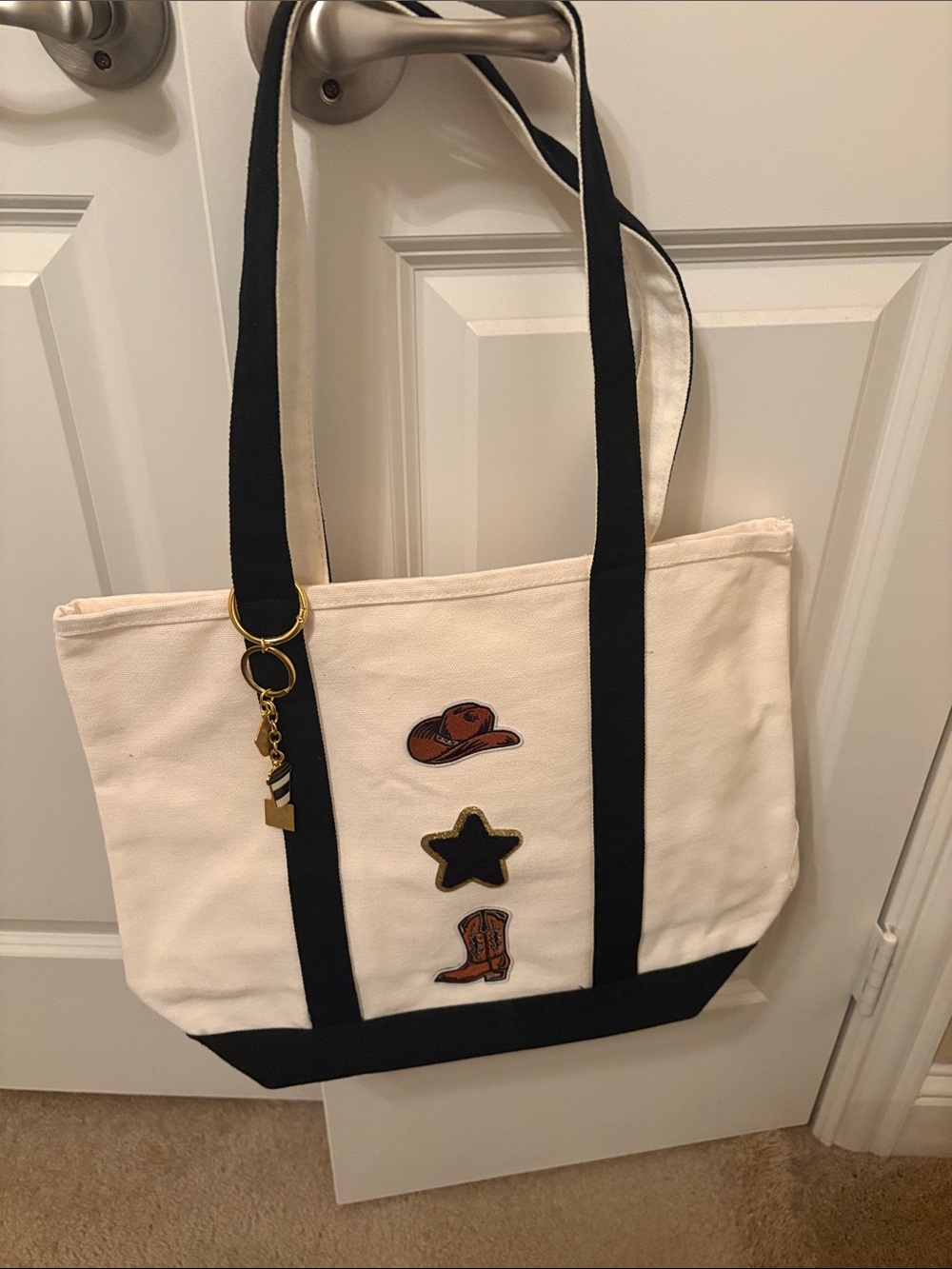 Canvas Tote Bag with Black Trim and Western Patch Accents